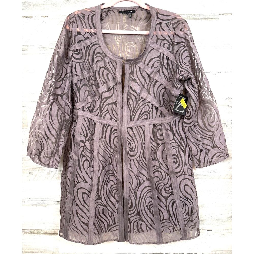 ZOZO L Gray Tan Lace Cardigan Beach Cover Up Sheer Boho NWT